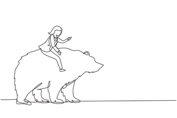 Wall Mural - Single continuous line drawing businesswoman rides on bear in stock market trading concept. stock market analysis, business and investment, stock exchange. Dynamic one line draw graphic design vector