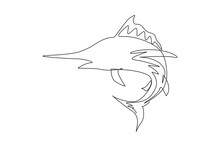 Single Continuous Line Drawing Marlin Fish Logo. Unique And Fresh Blue Marlin Under Ocean Water. Great To Use To Your Blue Marlin Fishing Activity Mascot. Dynamic One Line Draw Graphic Design Vector