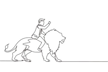 Poster - Continuous one line drawing businessman riding lion symbol of success. Business metaphor concept, looking at goal, achievement, leadership. Professional entrepreneur. Single line draw design vector