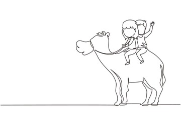 Poster - Single one line drawing happy little boy and girl riding camel together. Children sitting on hump camel with saddle in desert. Kids learning to ride camel. Continuous line draw design graphic vector
