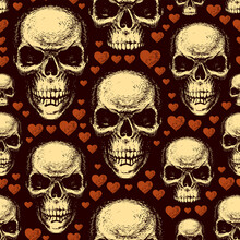 Seamless Pattern With Human Skulls In Love And Cute Red Hearts On Black Backdrop. Vector Background With Hand-drawn Skulls In Retro Style. Graphic Print For Clothing, Fabric, Wallpaper, Wrapping Paper