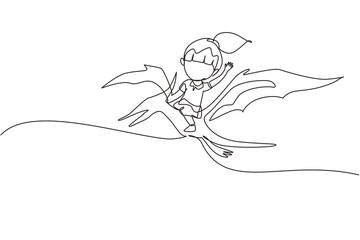 Wall Mural - Continuous one line drawing girl riding flying dinosaur. Pterodactyl ride with young kid sitting on back of dinosaur and flying high in sky. Single line draw design vector graphic illustration