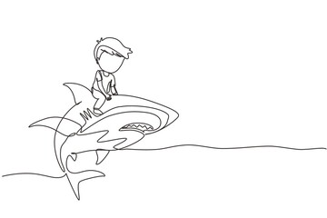 Wall Mural - Continuous one line drawing little boy riding inflatable shark. Young kid sitting on back shark in swimming pool. Shark ocean fish in deep water. Single line draw design vector graphic illustration