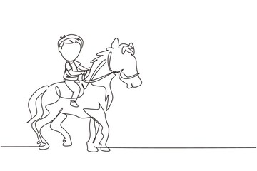 Wall Mural - Single continuous line drawing happy cute boy riding cute horse. Child sitting on back horse with saddle in ranch park. Kids learning to ride horse. One line draw graphic design vector illustration