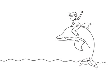 Poster - Single continuous line drawing little boy riding dolphin. Young kid sitting on back dolphin in swimming pool. Children with dolphin swimming in water. One line draw graphic design vector illustration