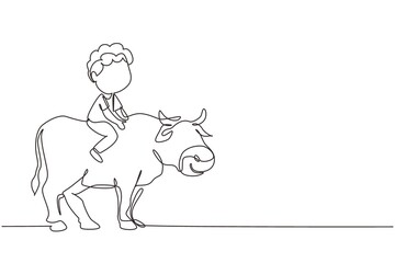 Poster - Continuous one line drawing happy little boy riding cow. Cheerful child sitting on back cow with saddle in ranch ground. Kids learning to ride cow. Single line draw design vector graphic illustration