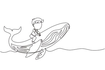 Poster - Single one line drawing little boy riding blue whale. Young kid sitting on back of whale. Cheerful child on back of large blue whale. Modern continuous line draw design graphic vector illustration