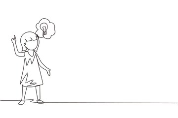 Poster - Continuous one line drawing little girl thinking. Kids think creative idea. Bubble with light bulbs sign. Concept of learning and growing children. Single line draw design vector graphic illustration