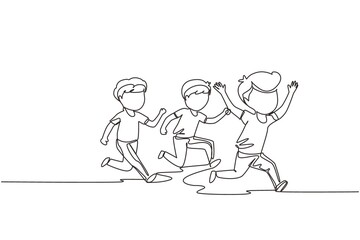 Poster - single continuous line drawing children in athletics competitions. the boys run in stadium and finis