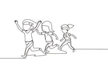 Poster - Single continuous line drawing children in athletics competitions. The girls run in stadium and finish. The child came running first and won. Dynamic one line draw graphic design vector illustration