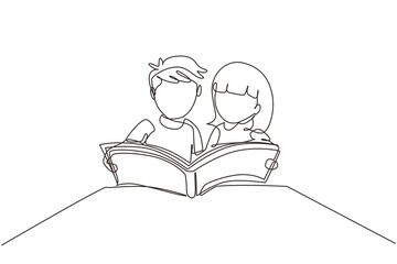 Poster - Continuous one line drawing kids, boy and girls reading book on table together. Open mind with read book. Source of knowledge. Intelligent student. Single line draw design vector graphic illustration