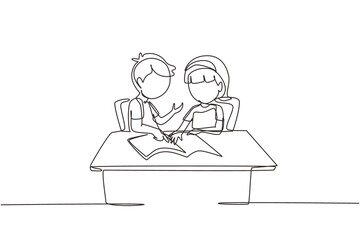 Poster - continuous one line drawing children pupils studying together while boy explains to girl pointing at