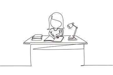 Poster - Continuous one line drawing girl studying on table with study lamp and pile of books. Kid makes homework from school. Intelligent student concept. Single line draw design vector graphic illustration