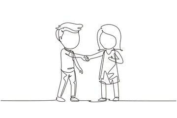 Poster - Single one line drawing boys and girls standing and shaking hands making friendship. Children introduce themselves. Kids touching each other's hand. Continuous line design graphic vector illustration