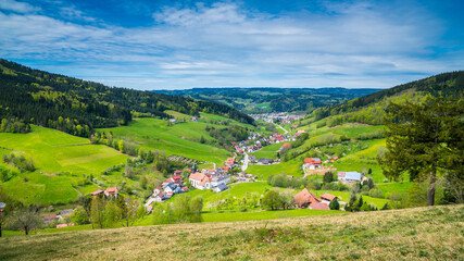 Wall Mural - Germany, Idyllic schwarzwald village elzach yach houses surrounded by majestic forest covered mountains nature landscape perfect for hiking and tourism