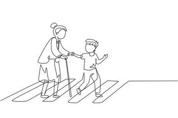 Wall Mural - Single continuous line drawing polite boy help grandmother cross street. Well mannered child assistance to aged woman. Kid and elderly female go on crosswalk together. One line graphic design vector