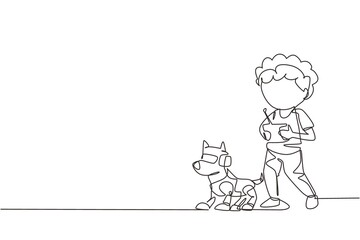 Poster - Single one line drawing boy playing with electronic toy dog robot with remote control in hands. Happy kids with remote control robot pet. Modern continuous line draw design graphic vector illustration