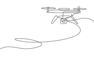Poster - continuous one line drawing remote control air drone. drone flying with action video camera. drone p
