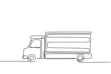 Poster - Single continuous line drawing cargo truck for shipment. Delivery of cargo. Heavy automobile. Auto in flat design. Children's toy cargo truck. Dynamic one line draw graphic design vector illustration
