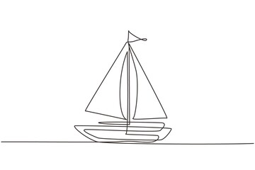 Single one line drawing little sailing ship, boat, sailboat, flat style. Icon or symbol of toy boat, sailing ship, sailboat with white sails. Continuous line draw design graphic vector illustration