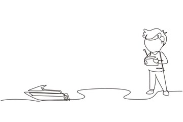 Poster - continuous one line drawing boy playing with remote-controlled motor boat toy. cute kids playing wit