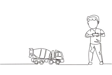 Poster - Continuous one line drawing boy playing with remote-controlled mixer truck toy. Cute kids playing with electronic toy mixer truck with remote control in hands. Single line draw design vector graphic