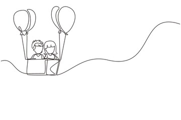 Poster - Single one line drawing cute boy and girl sitting in cardboard box with balloons. Little pilot of hot air balloon. Creative kids character playing hot air balloon. Continuous line draw design graphic