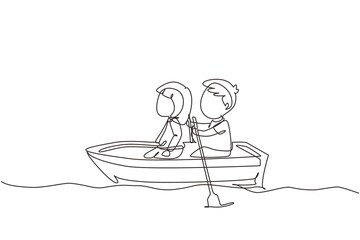 Poster - Single continuous line drawing little boy and girl riding on boat together. Kids riding on wooden boat at river. Kids rowing boat on lake. Happy children paddle boat. One line graphic design vector