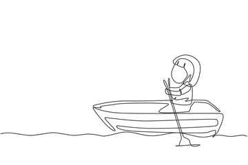 Poster - Continuous one line drawing cute little girl riding on boat at river. Kids riding on wooden boat. Kids rowing boat on lake. Happy children paddle boat. Single line design vector graphic illustration