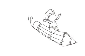 Poster - single one line drawing happy boy sitting on flying pencil, get ready for studying. kids riding on s