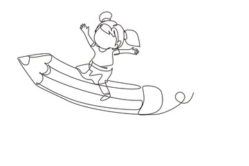 Poster - Single one line drawing happy girl sitting on flying pencil, get ready for studying. Kids riding on stationary. Back to school or creative thinking concept. Modern continuous line draw design graphic