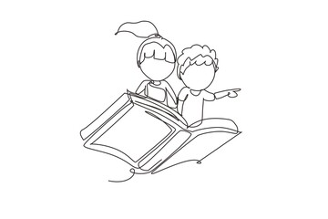 Poster - single one line drawing little boy and girl student or preschooler flying on magic book. happy kids 