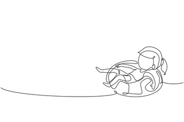 Poster - Continuous one line drawing little girl floating with lifebuoy with happy and relax poses wearing beach and swimming attires. Kids feeling happy while using tire buoy. Single line draw design vector