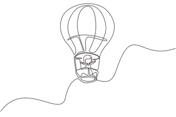 Poster - Single continuous line drawing little girl aeronaut in hot-air balloon at sky. Happy kid riding hot air balloon. Children on hot air balloon adventure. One line draw graphic design vector illustration