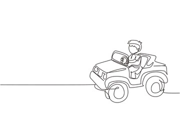 Poster - Single one line drawing boy driving car, happy cute child. Cute little boy smiling happy driving toy car. Children's trip in small car. Modern continuous line draw design graphic vector illustration