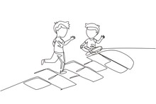 Single Continuous Line Drawing Two Little Boys Playing Hopscotch At Kindergarten Yard. Kids Playing Hopscotch Game Outside. Hop Scotch Court Drawn With Chalk. One Line Draw Graphic Design Vector