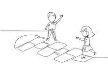 Single Continuous Line Drawing Little Girl And Boy Playing Hopscotch At Kindergarten Yard. Happy Kids Hopping At Playground. Hop Scotch Court Drawn With Chalk. One Line Draw Graphic Design Vector