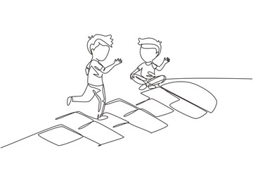 Poster - single continuous line drawing two little boys playing hopscotch at kindergarten yard. kids playing 