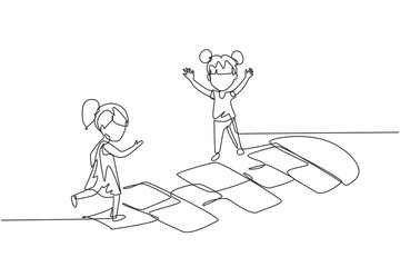 Single one line drawing two little girl playing hopscotch at kindergarten yard. Kids playing hopscotch game outside. Hop scotch court drawn with chalk. Continuous line draw design graphic vector