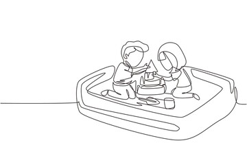 Poster - Single continuous line drawing boy and girl of preschool age are playing in sandbox. Two little kids making sandcastle in sandbox. Outdoor game park. One line draw graphic design vector illustration