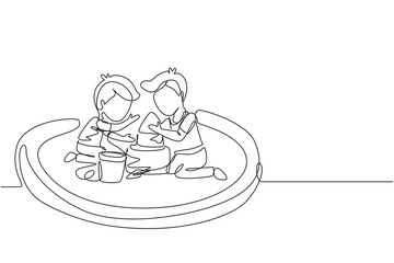 Poster - Single continuous line drawing two little boys build sandcastle together. Children sitting on sandbox and playing with sand castle. Brothers or friends having fun. One line draw graphic design vector