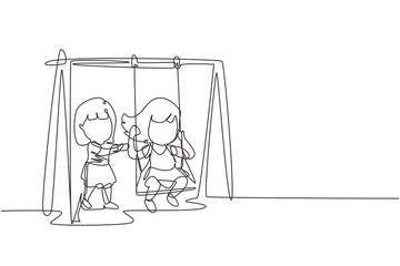 Poster - Single continuous line drawing little girl swinging on swing and her friend helped push from behind. Kids playing swing together in public park playground. One line graphic design vector illustration