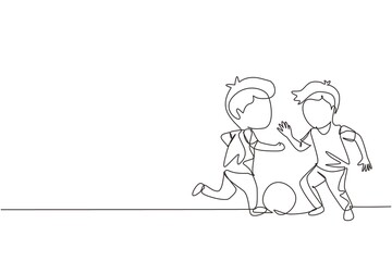 Poster - Single one line drawing boys playing football together. Two happy little kids playing sport in uniforms. Smiling children kicking ball by foot between them. Continuous line draw design graphic vector