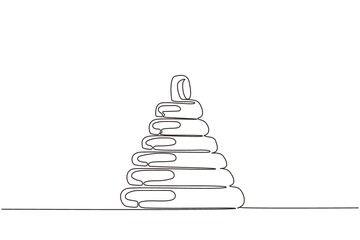 Poster - Single continuous line drawing children's plastic toy pyramid. Pyramid toy icon, Kids children stackable ring toy. Children pyramid or pile rings toy. One line draw graphic design vector illustration