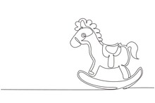 Single Continuous Line Drawing Wooden Rocking Horse Chair Children. Classic Homemade Wooden Rocking Horse For Kids. Vintage Children Horse Toy. Dynamic One Line Draw Graphic Design Vector Illustration