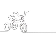 Single One Line Drawing Kids Tricycle. Children Tricycle Transportation. Tricycle, Children Bicycle. Sketch Scratch Board Imitation. Modern Continuous Line Draw Design Graphic Vector Illustration