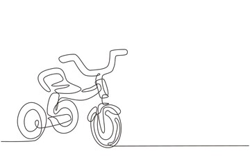 Wall Mural - Single one line drawing kids tricycle. Children tricycle transportation. Tricycle, children bicycle. Sketch scratch board imitation. Modern continuous line draw design graphic vector illustration