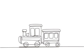 Poster - Continuous one line drawing toy train. Cute toy train and locomotive with railway carriage. Baby train toy. Passenger and cargo. Icon of children's toy. Single line design vector graphic illustration