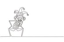 Single One Line Drawing Jack In The Box. Amusing Toy Jumping Out From Box. Jack In The Box Toy, A Surprise And Springing Out Of Box. Modern Continuous Line Draw Design Graphic Vector Illustration