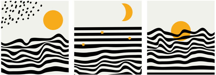 mid century minimalist wavy retro art with abstract landscapes, sea, sun, stars and moon. black and 